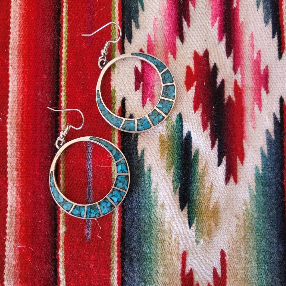 Large sterling silver turquoise old pawn hoop earrings native sterling 925